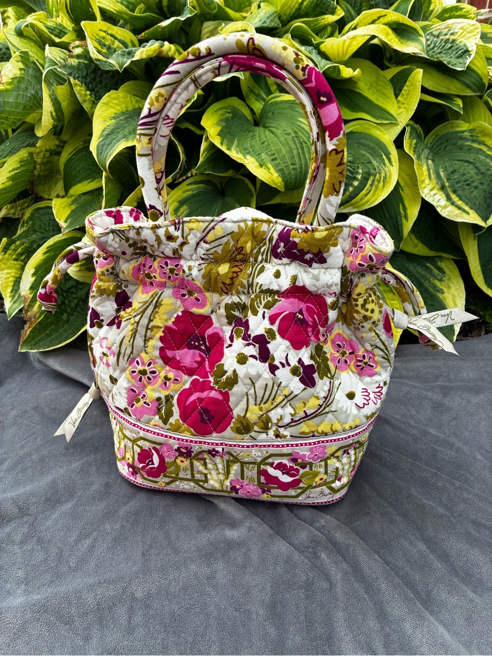 Vera Bradley Pink, Green & White Quilted Floral Drawstring Tote - Picture 3 of 12